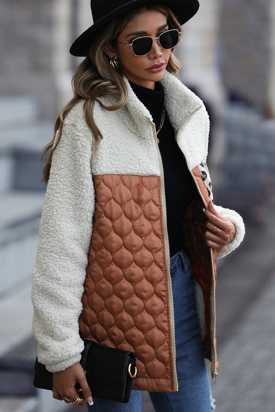R&B | Zip-Jacke mit Stehkragen aus Sherpa mit Leoparden-Patches