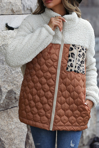 R&B | Zip-Jacke mit Stehkragen aus Sherpa mit Leoparden-Patches