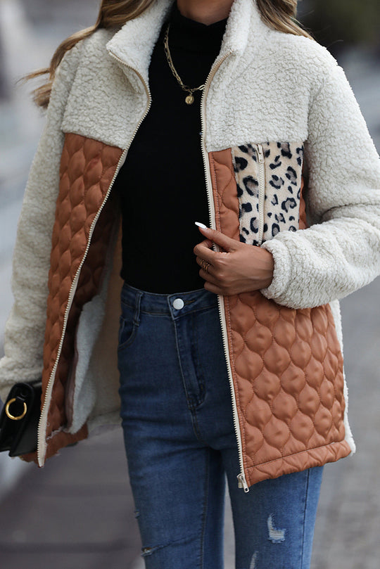 R&B | Zip-Jacke mit Stehkragen aus Sherpa mit Leoparden-Patches