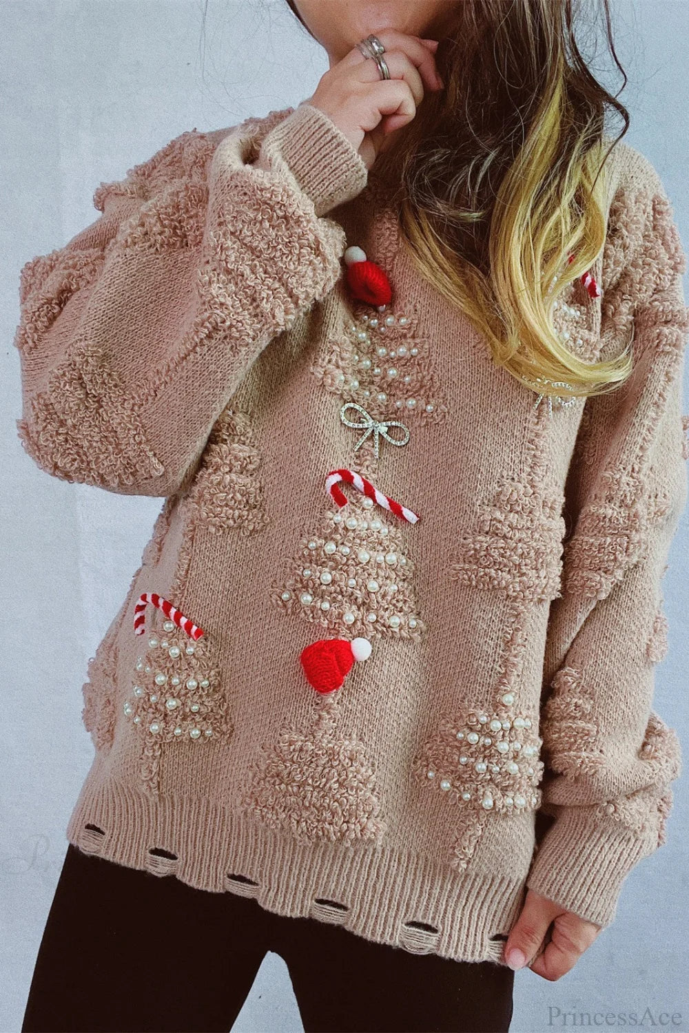R&B | Weihnachten 3D Baum Perle Solid Flocked Pullover