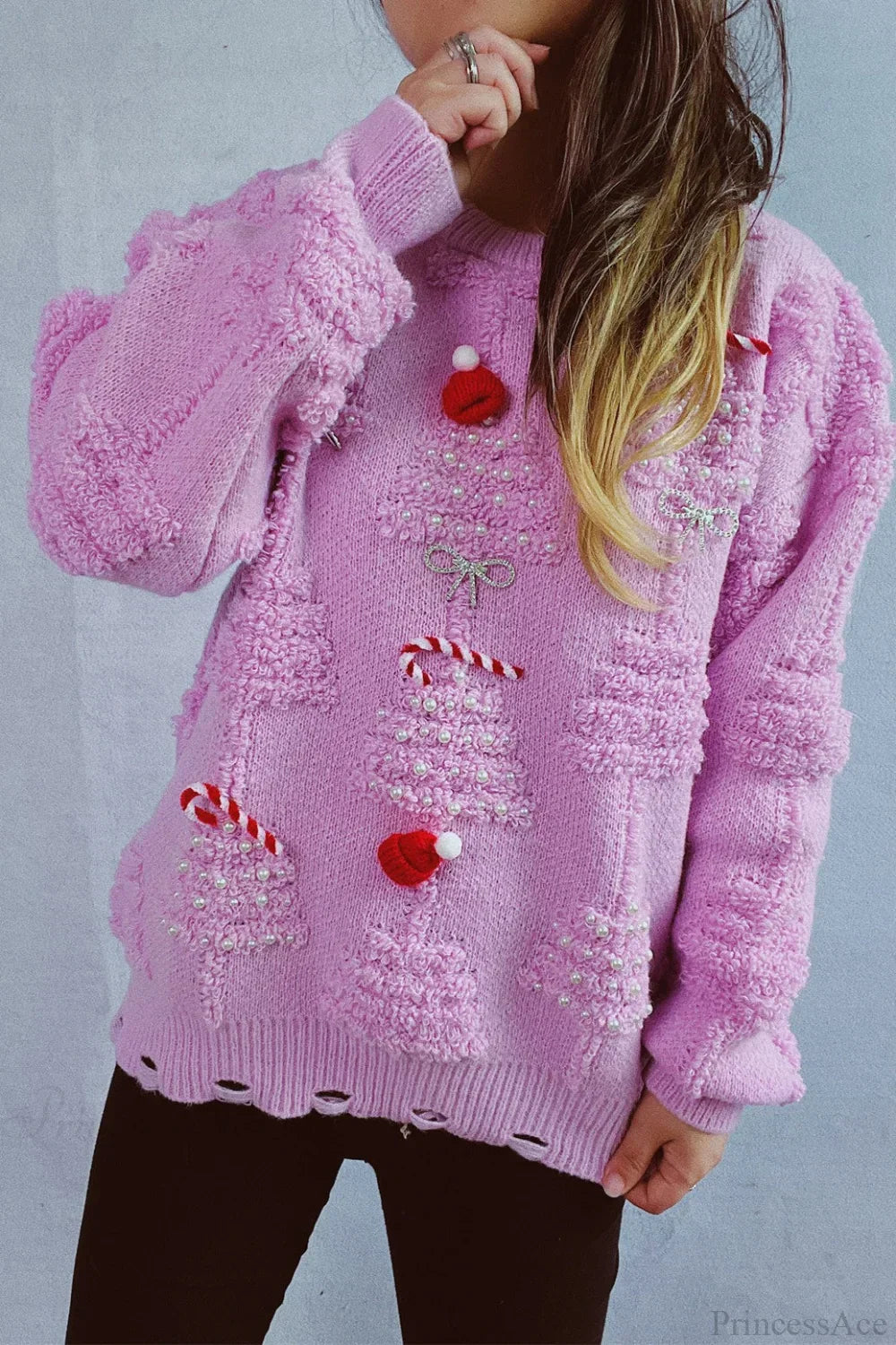 R&B | Weihnachten 3D Baum Perle Solid Flocked Pullover