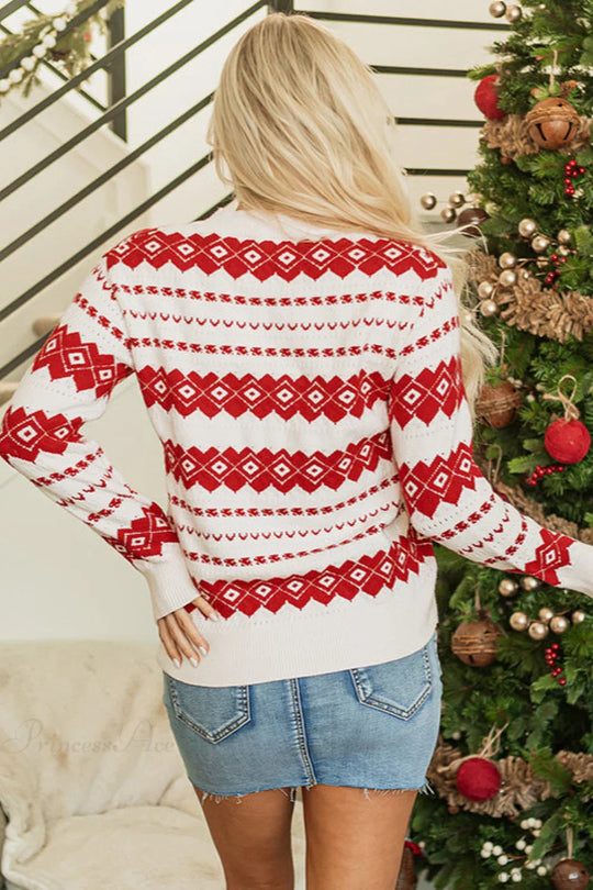 R&B | Weihnachten Geometrischer Druck Farbblock Strick Rundhals Pullover Sweater