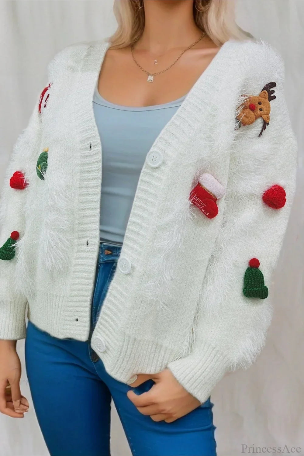 R&B | Weihnachten Mink Fleece 3D Trim Einreiher Cardigan Sweater