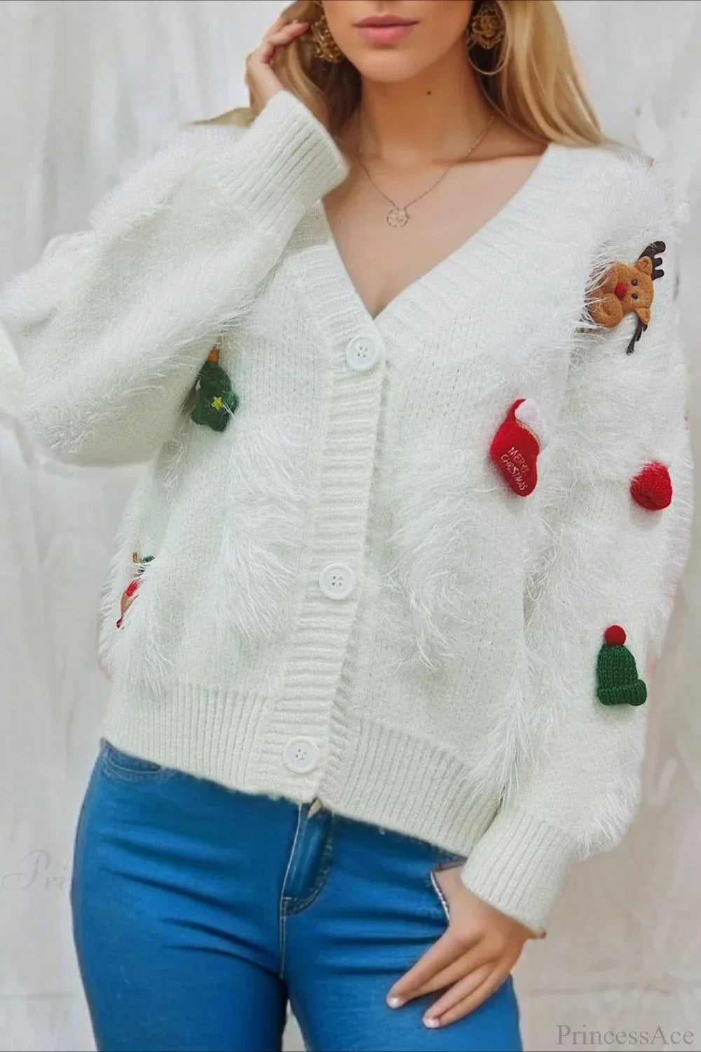 R&B | Weihnachten Mink Fleece 3D Trim Einreiher Cardigan Sweater