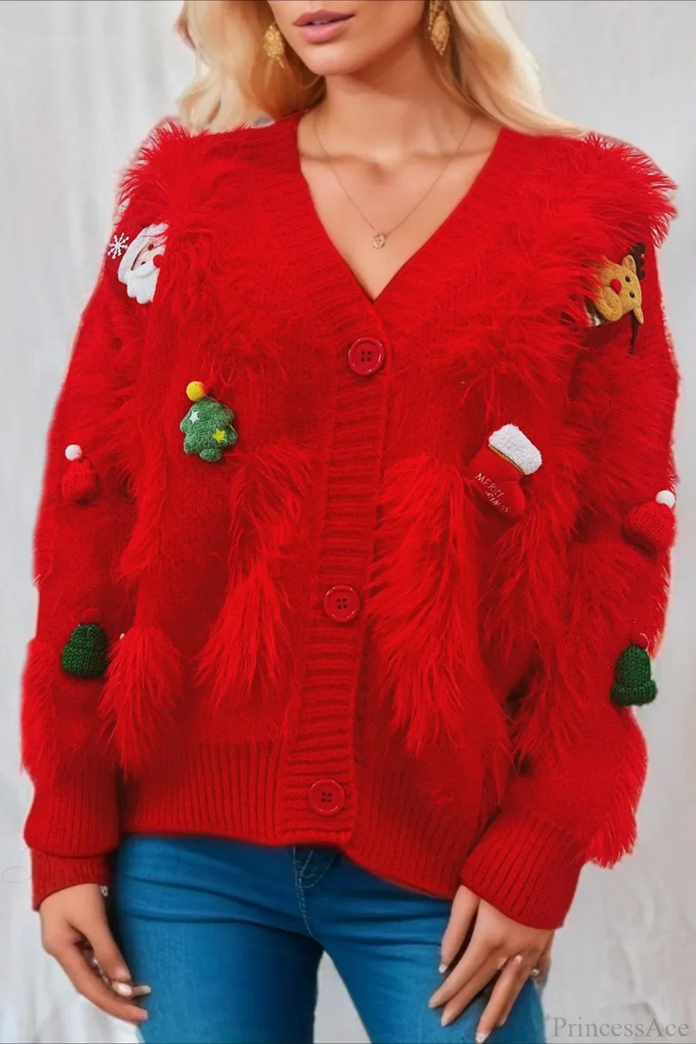 R&B | Weihnachten Mink Fleece 3D Trim Einreiher Cardigan Sweater