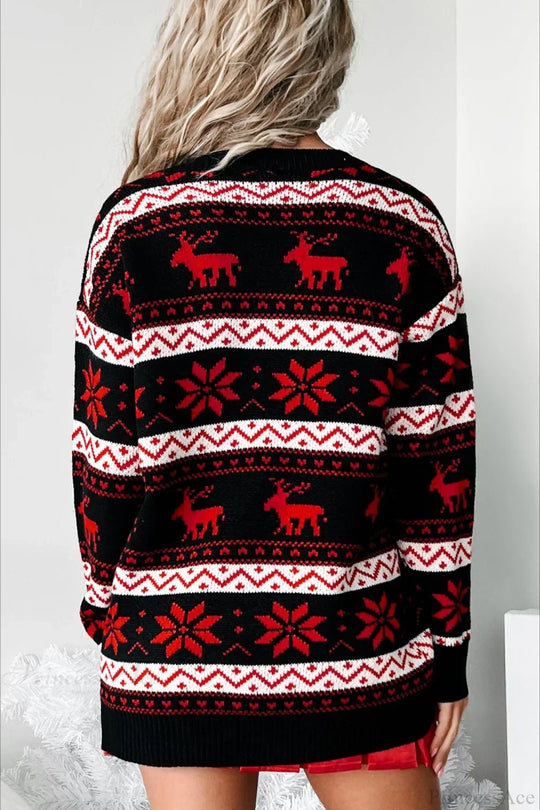R&B | Weihnachts V Hals Elch Jacquard Farbblock Strickpullover