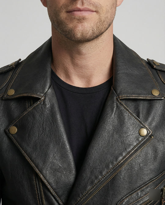 Herren Lederjacke mit asymmetrischem Reißverschluss und Taschen