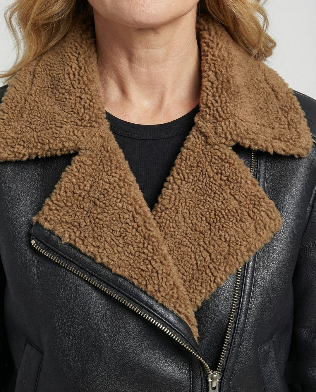 Damen Lederjacke Schwarz mit Teddykragen