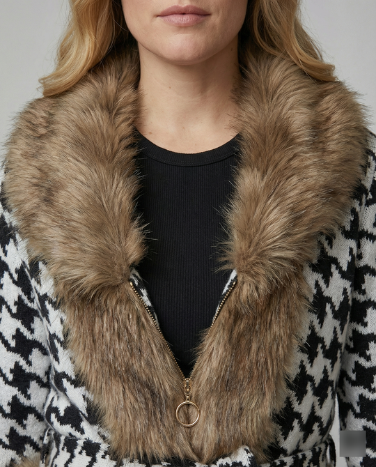 Übergangsjacke Damen elegant mit Kunstfell und Hahnentrittmuster