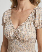Damen Midikleid gesmokt mit Puffärmeln