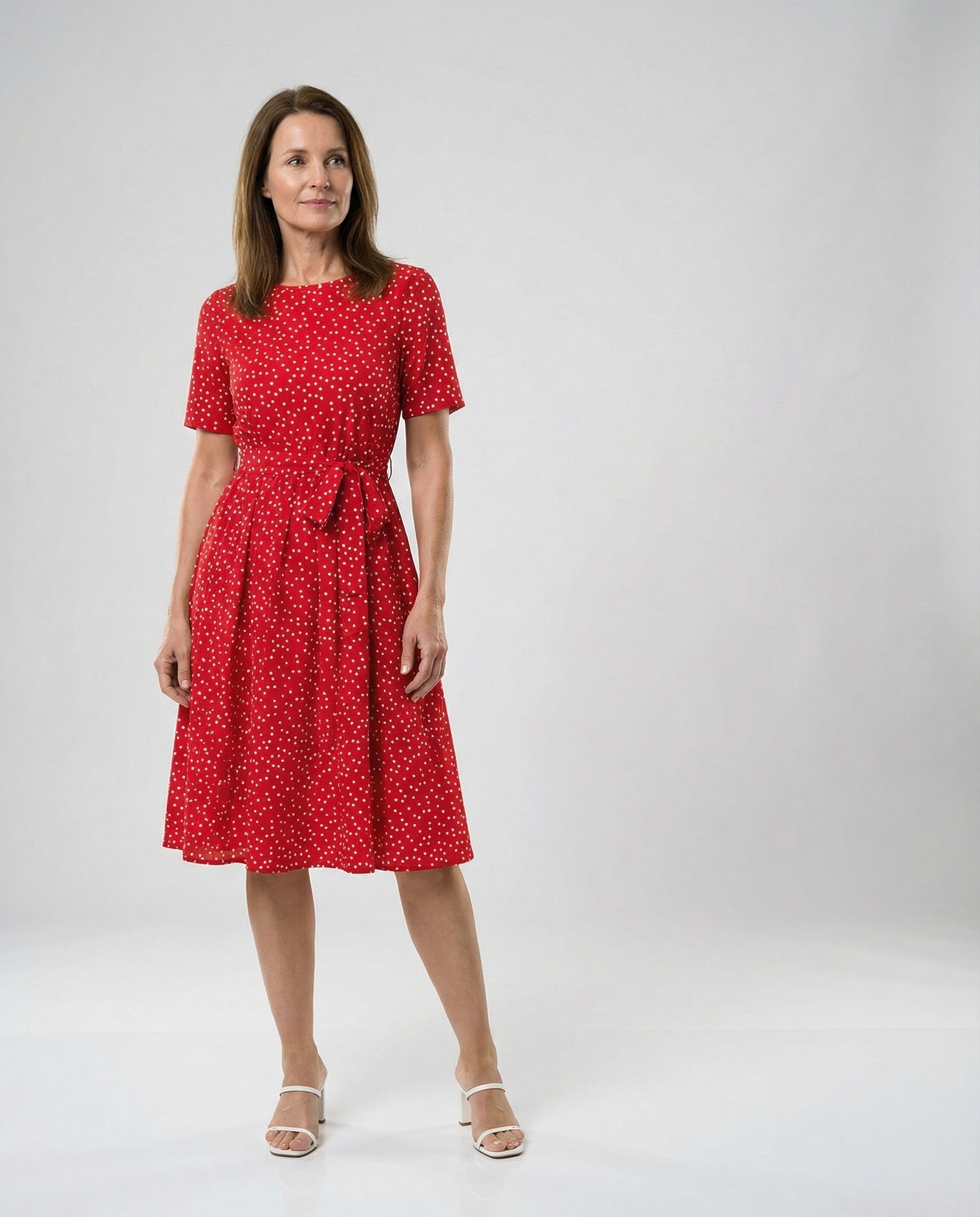 Damen Midi-Kleid mit Taillengürtel und Punkten