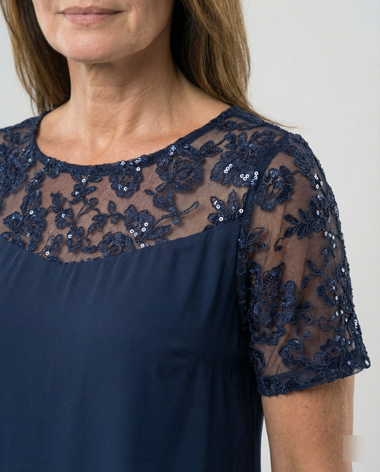 Damen Elegantes Schichtkleid mit Spitzenärmel und asymmetrischem Saum R&B