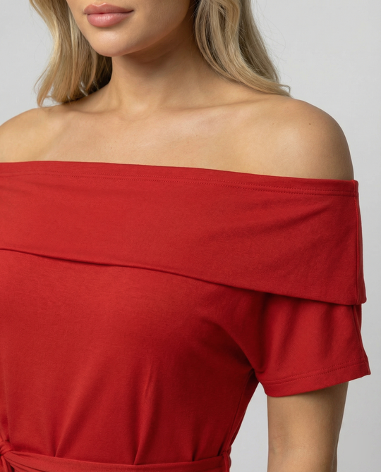 Damen Off-Shoulder Maxikleid mit Taillengürtel und seitlichem Schlitz R&B