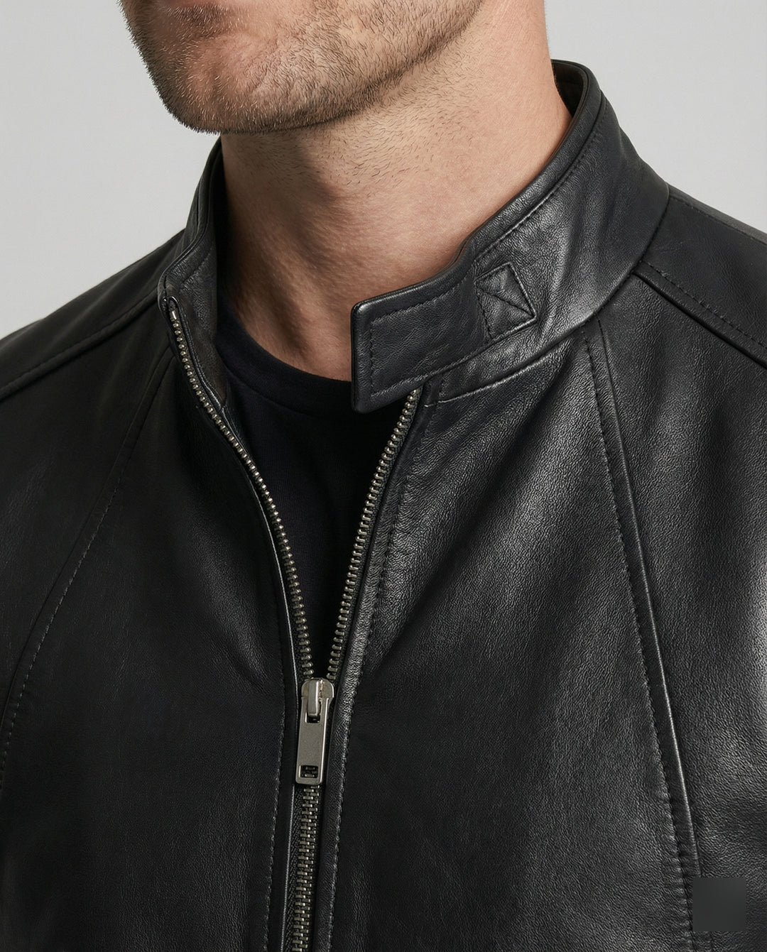Herren elegante Kunstlederjacke mit Stehkragen R&B