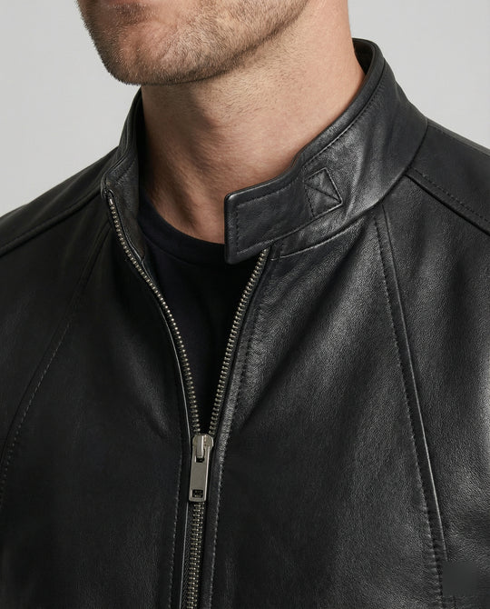 Herren elegante Kunstlederjacke mit Stehkragen R&B