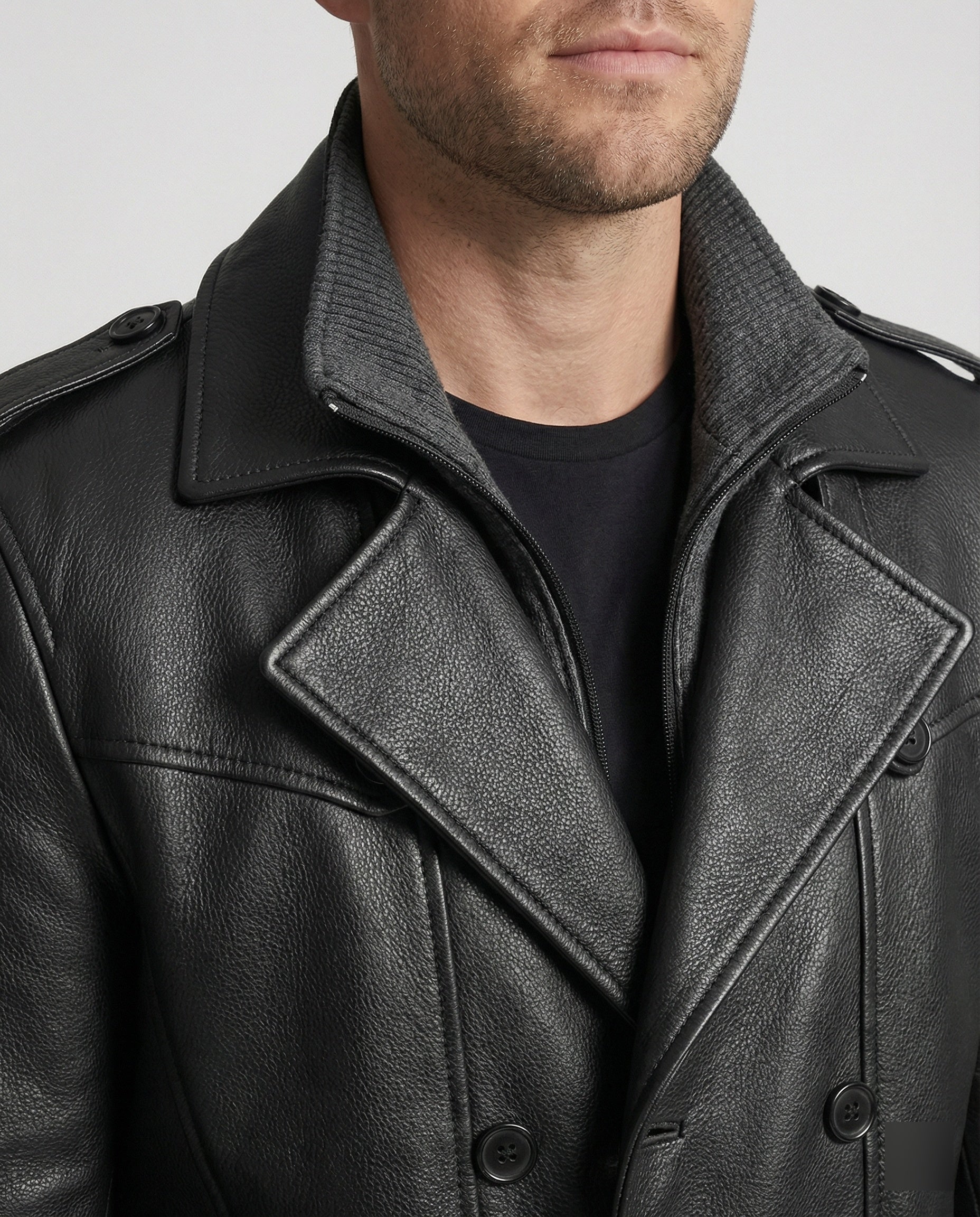 R&B | Doppelreihiger Leder-Trenchcoat Herren