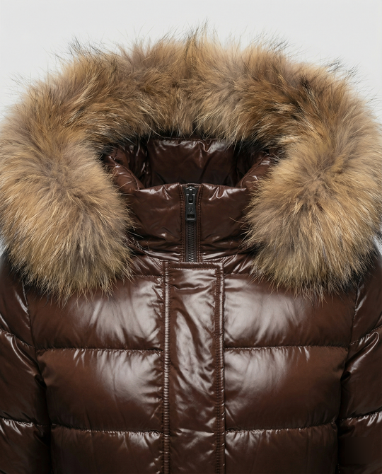 Damen Winterdaunenjacke mit abnehmbarer Kapuze und luxuriösem Fellkragen R&B