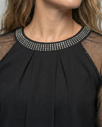 R&B Damen Mesh-Bluse mit Strassbesatz und transparenten Ärmeln