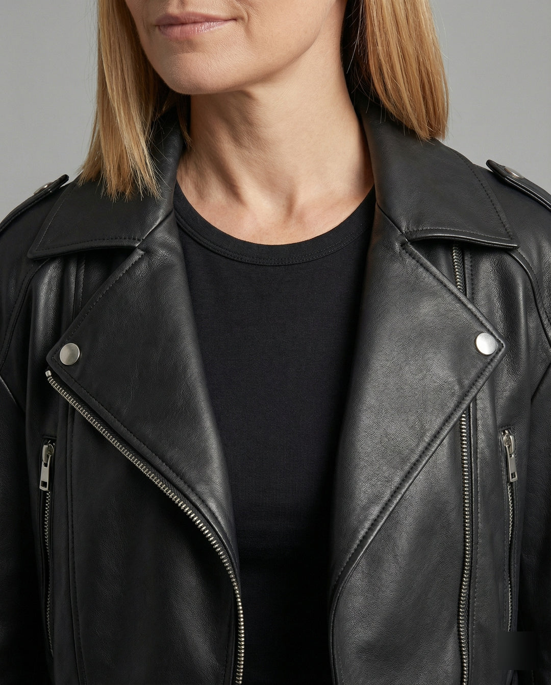 Damen Lederjacke Schwarz mit Gürtel