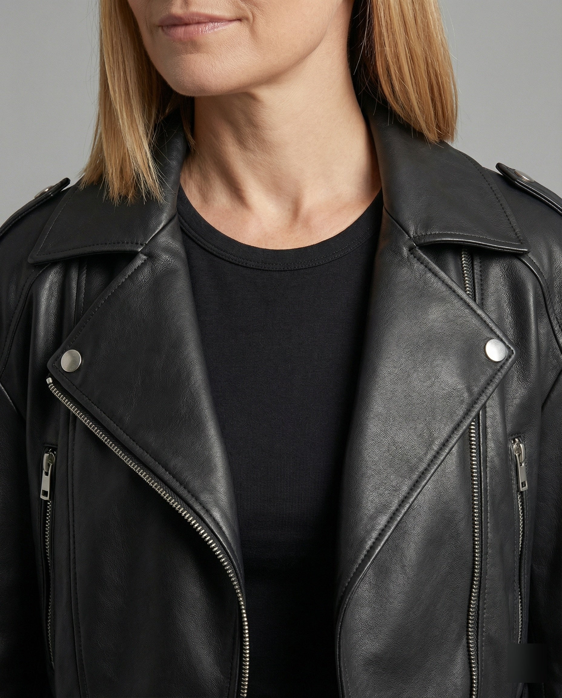 Damen Lederjacke Schwarz mit Gürtel