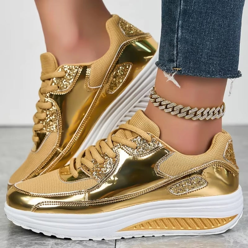 R&B | Damen Goldene Schnürsenkel Plattform Sneaker