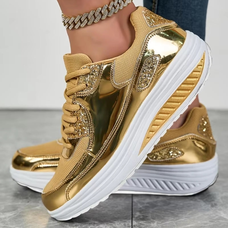 R&B | Damen Goldene Schnürsenkel Plattform Sneaker