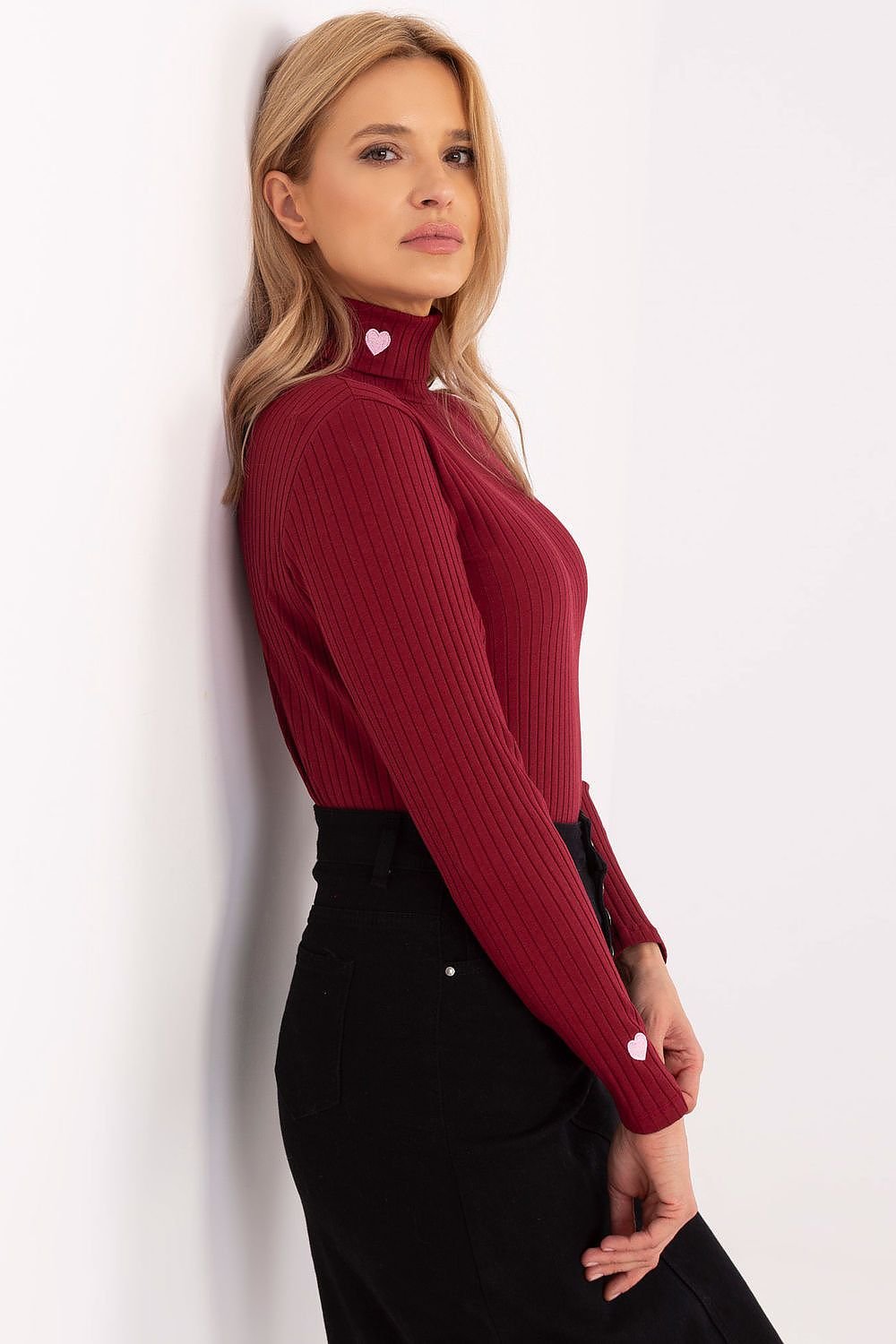 R&B | Gerippte Bluse Hoher Kragen Dekorative Details