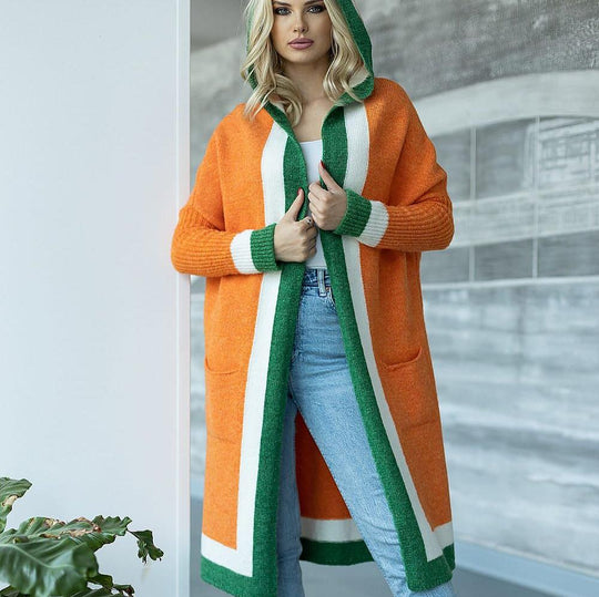 R&B | Langer Strickcardigan mit Kapuze Weich und Stilvoll Kontrastdetails
