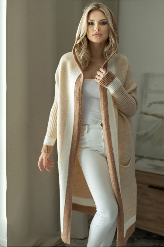 R&B | Langer Strickcardigan mit Kapuze Weich und Stilvoll Kontrastdetails