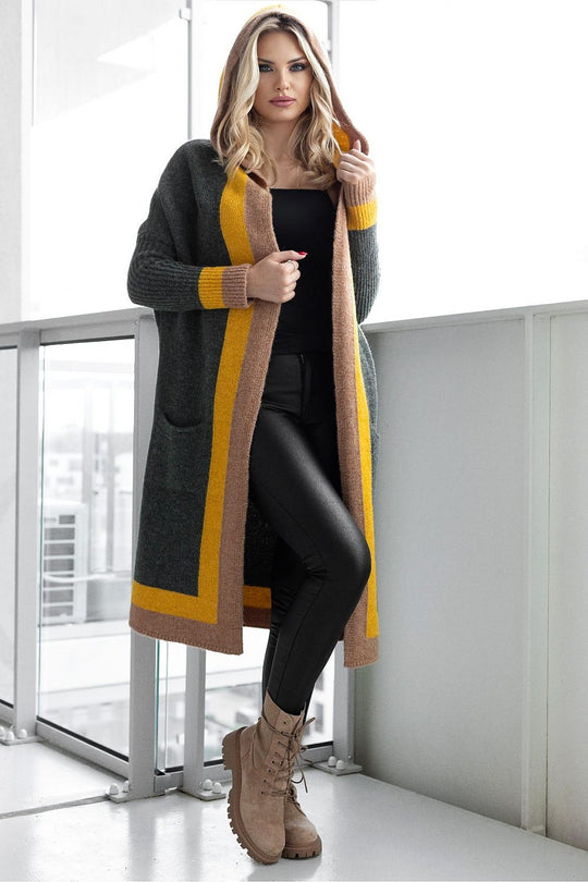 R&B | Langer Strickcardigan mit Kapuze Weich und Stilvoll Kontrastdetails
