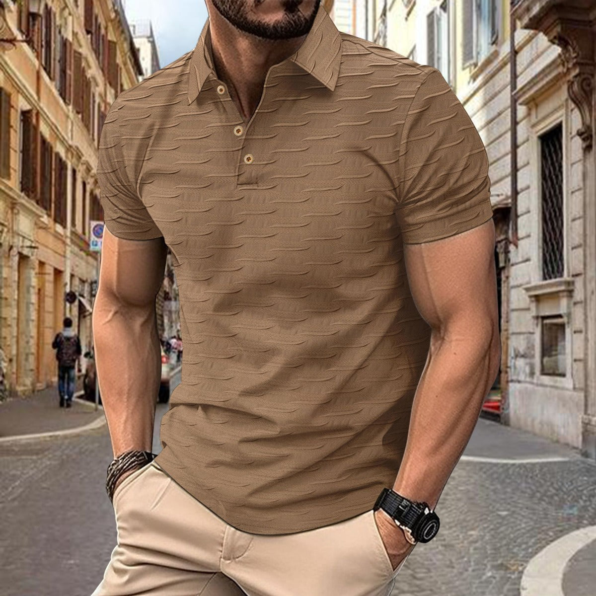 R&B | Solide Farbe Knopf Jacquard kurze Ärmel