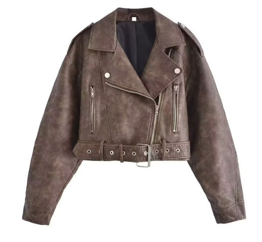 R&B | Damen PU Motorradjacke mit Reißverschluss und Gürtel