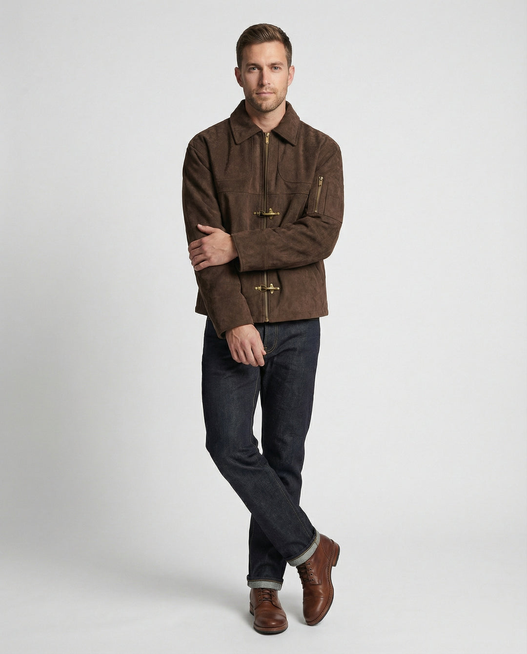 Herren kastige Velourslederjacke mit hohem Kragen Hakenverschluss und Ärmeltasche R&B