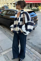R&B | Gestreifter V-Ausschnitt Locker Gestrickter Cardigan Pullover