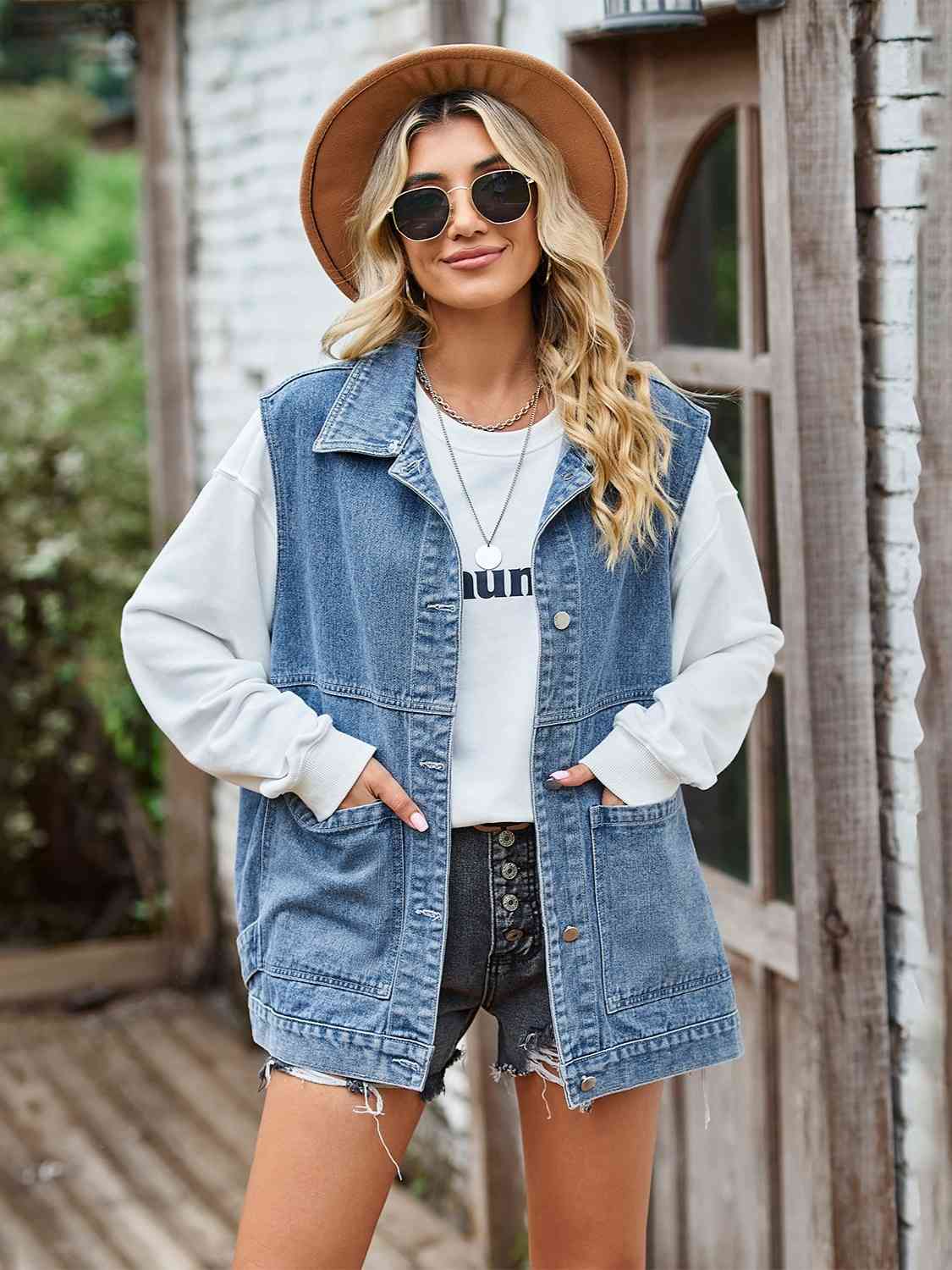 R&B | Knopf-Front Ärmellose Jeansjacke