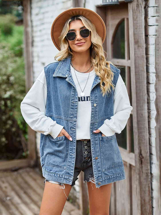 R&B | Knopf-Front Ärmellose Jeansjacke