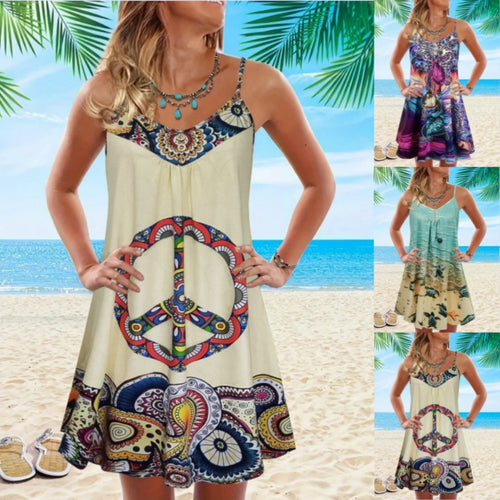 R&B | Bedrucktes lockeres Strandkleid mit ärmellosen Trägern