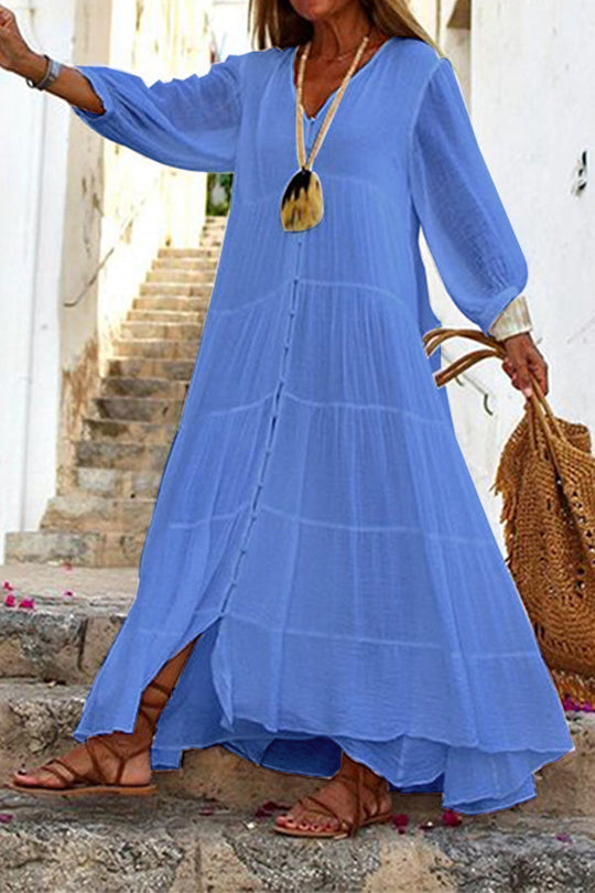 R&B | Seraphina Baumwoll-Leinen-Mischung Knopf-Up Gestuftes Maxikleid