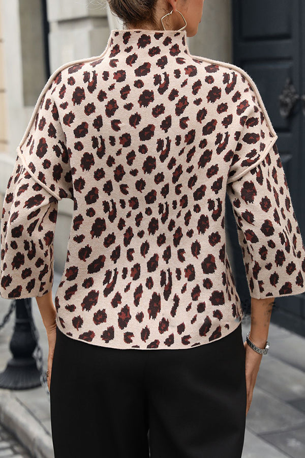 R&B | Strickpullover mit Leopardenmuster und lockerem Rollkragen