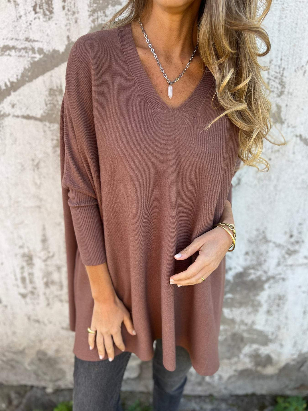 R&B | Pullover - Damen Herbst Oversized Gestrickter V-Ausschnitt Pullover