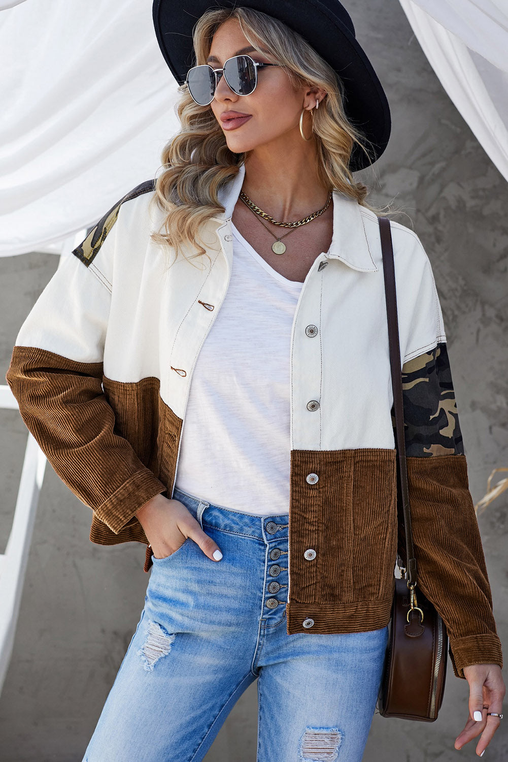 R&B | Leopard Farbblock Knopfleiste Cord Baumwolljacke