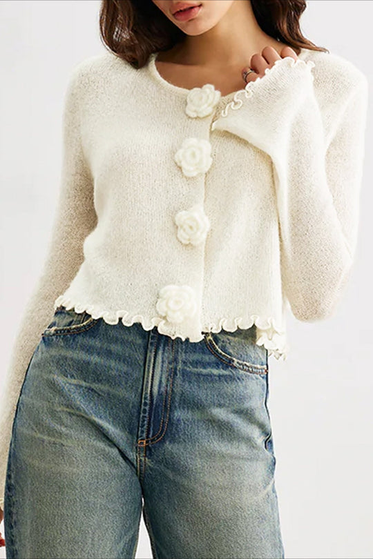 R&B | Schmaler, Floral Strickcardigan mit Rüschen