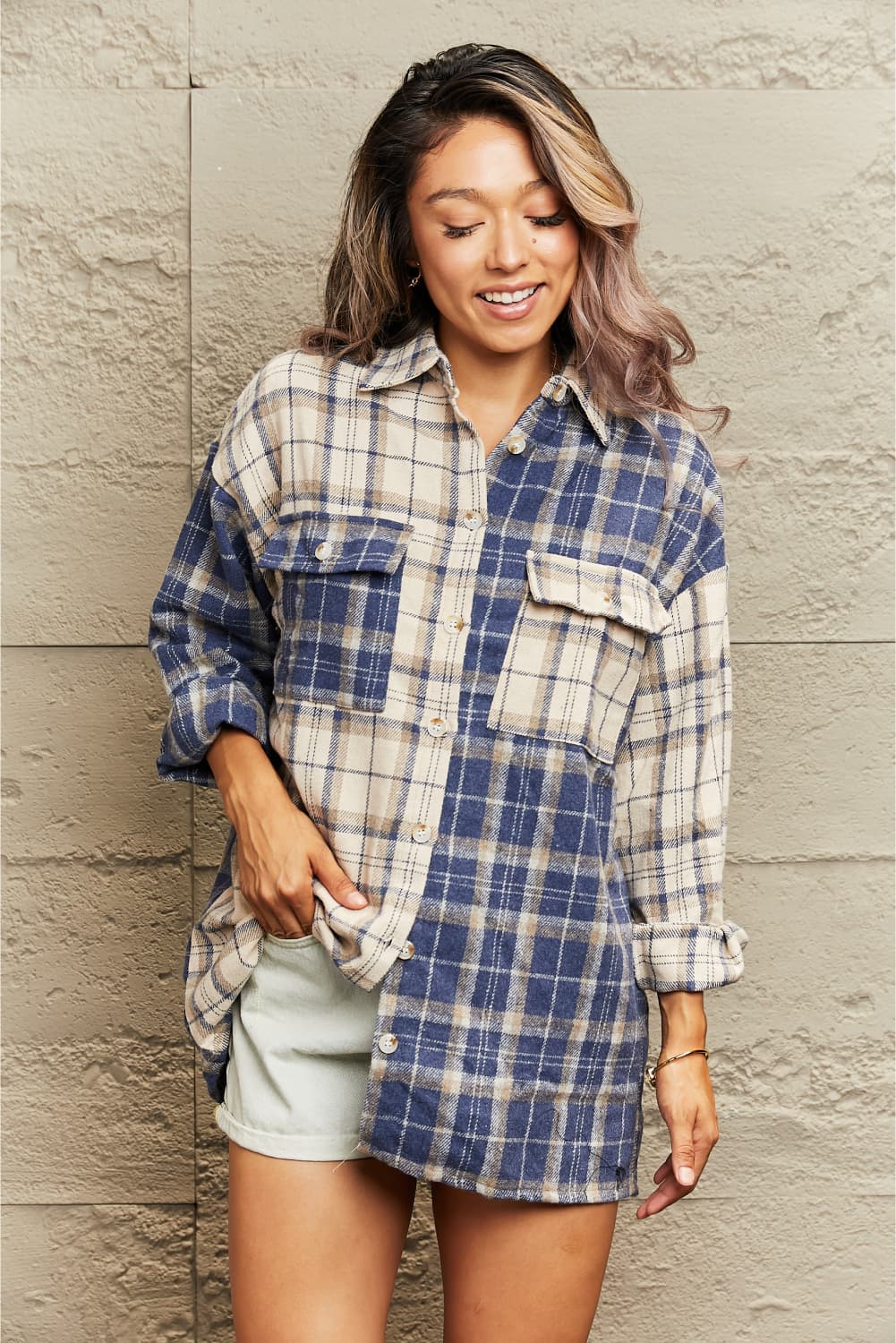 R&B | Karo Gefallen Schulter Shirtjacke