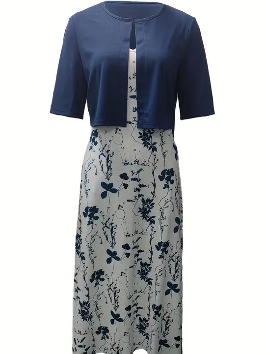 R&B | Elegante Zweiteilige Blumenkleid-Set mit Einfarbigem Crop-Top und Rundhalskleid