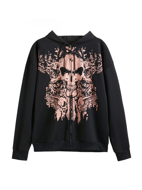 R&B | Vintage Schädelprint Oversized Hoodie mit Reißverschluss