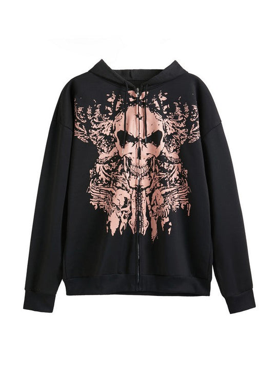 R&B | Vintage Schädelprint Oversized Hoodie mit Reißverschluss