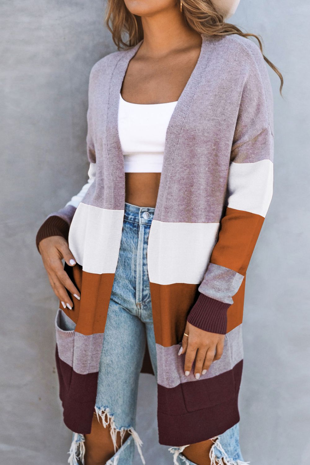 R&B | Farbblock Offene Front Rippbündchen Cardigan mit Taschen