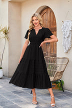 R&B | Kleid mit V-Ausschnitt und plissierten Blasenärmeln