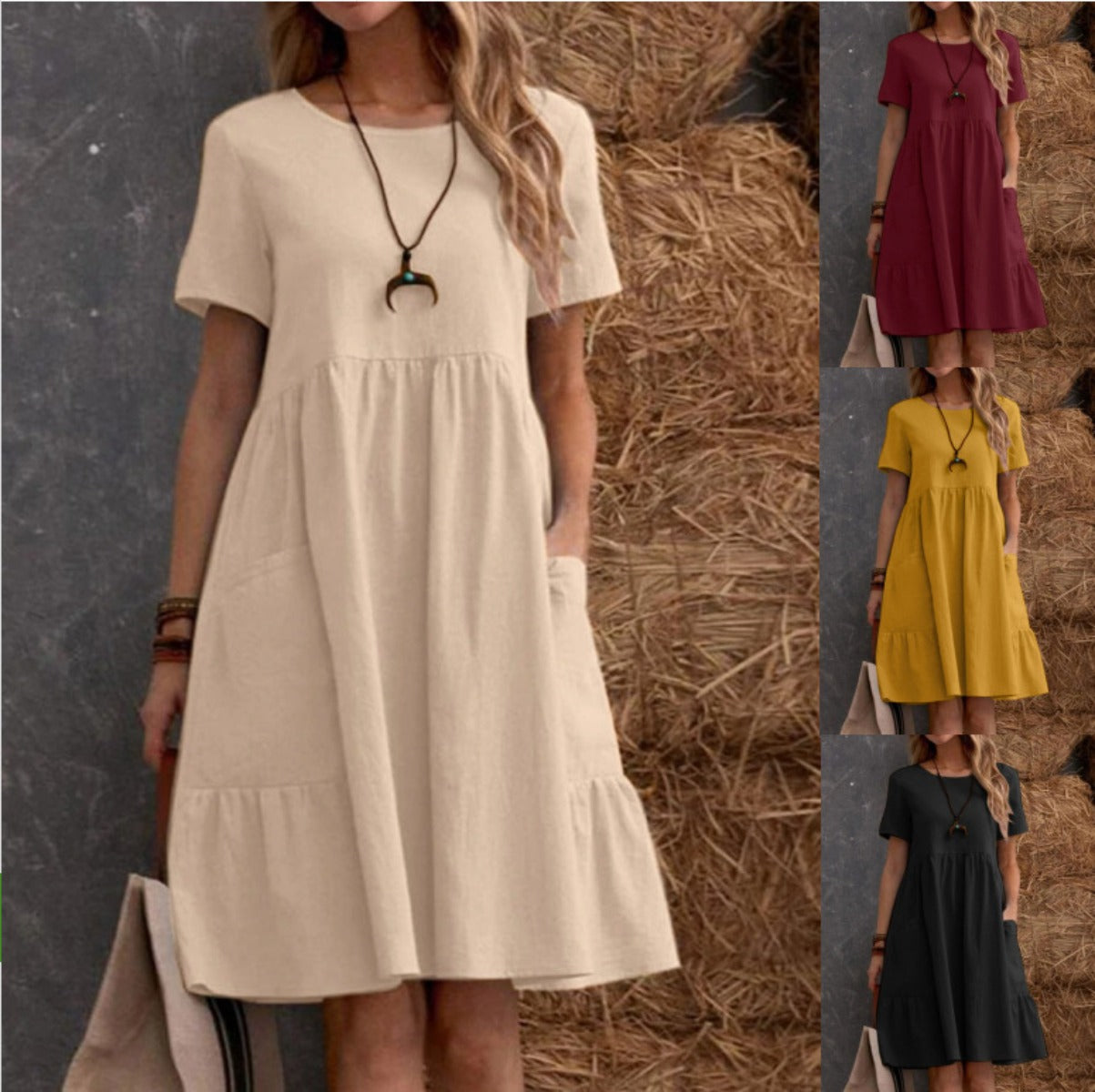R&B | Lose Tasche einfarbig Rundhalsausschnitt Kleid