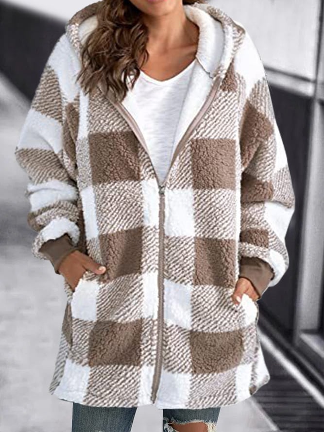 R&B | Weiche Damen Karierte Fleece Kapuzenjacke